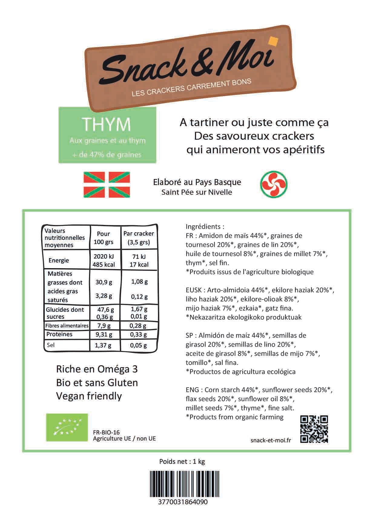 Crackers Bio au Thym sac de 1 kg