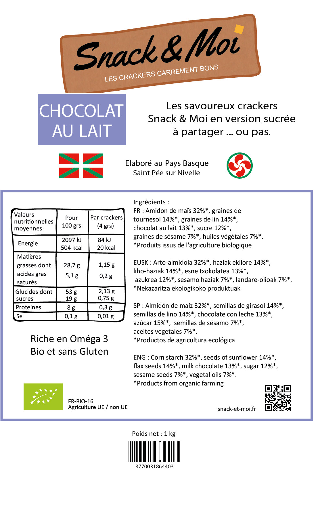 Crackers bio sucrés au chocolat au lait 1 kg