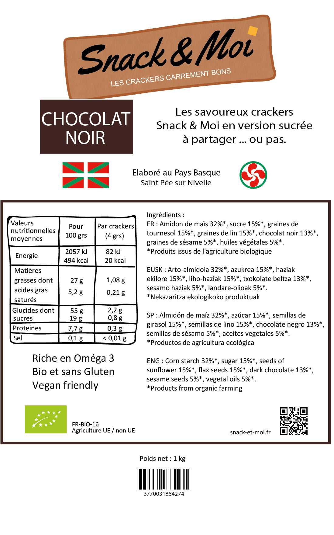 Crackers bio sucrés au chocolat noir 1 kg