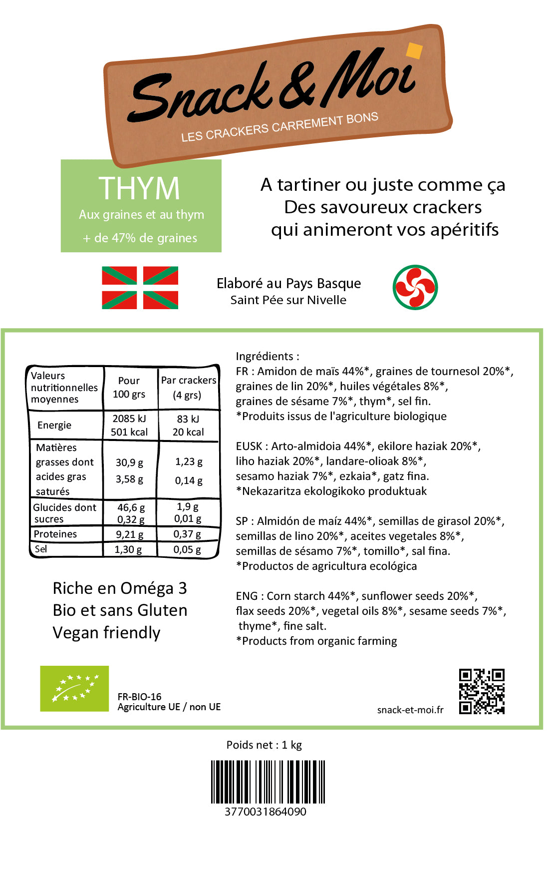 Crackers Bio au Thym sac de 1 kg